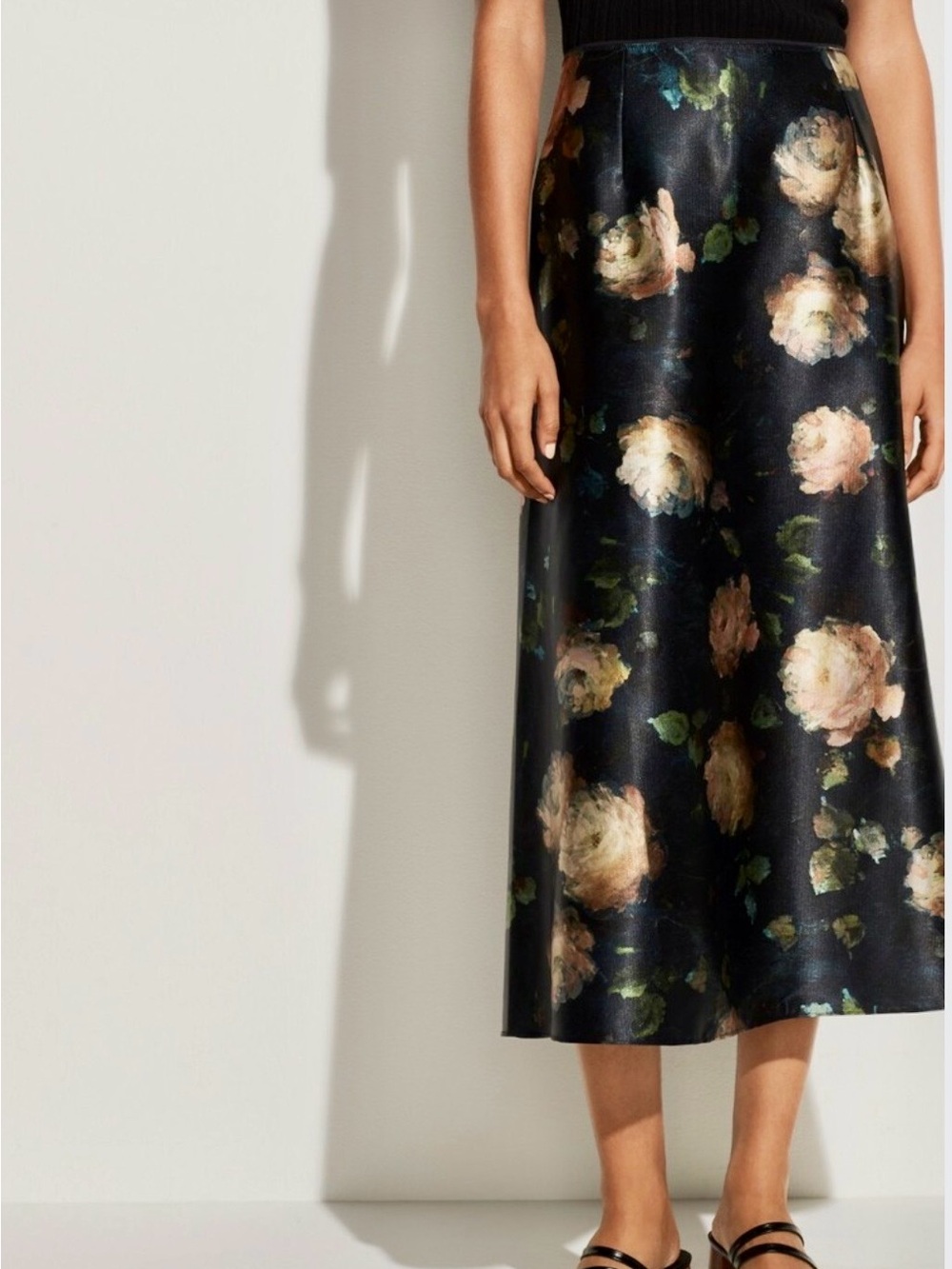 Vince NWT Black Floral Satin Midi Skirt with Blush Roses